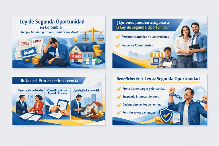 Infografia del proceso de insolvencia, rutas y beneficios de la Ley de Segunda Oportunidad
